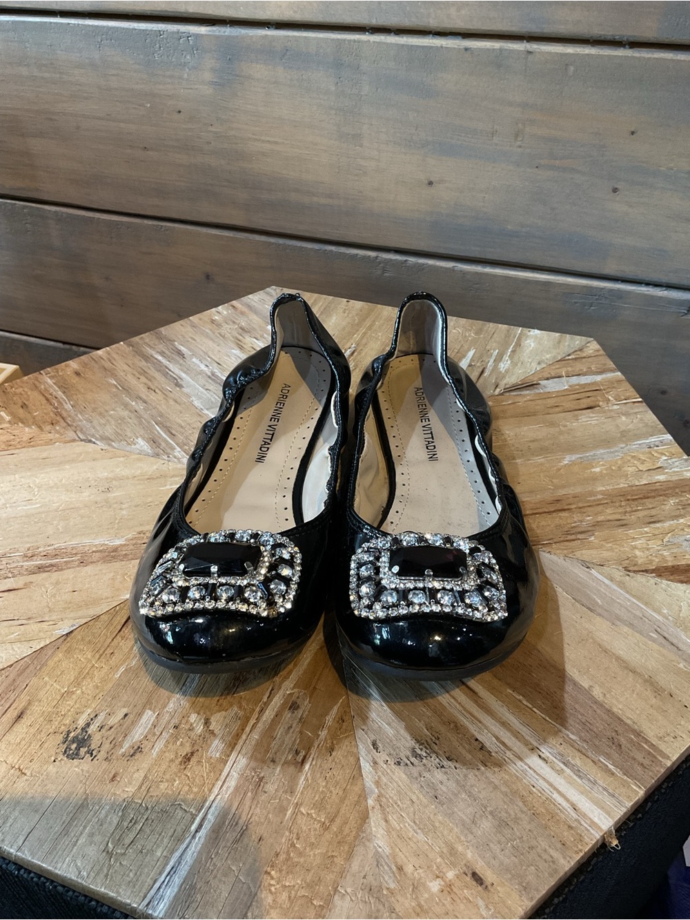 Adrienne Vittadini Black Patent Ballet Flats with Crystal Buckle